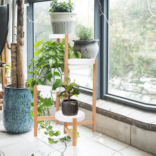 Alt view image 4 of 7 - UNHO 4 Tier Plant Stand Bamboo Plant Holder Flower Pot Rack Corner Nordic Indoor Brown High And Low Display Living Room Bedroom Balcony