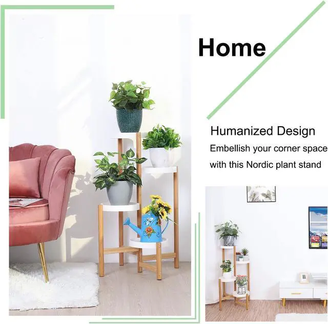 Alt view image 5 of 7 - UNHO 4 Tier Plant Stand Bamboo Plant Holder Flower Pot Rack Corner Nordic Indoor Brown High And Low Display Living Room Bedroom Balcony