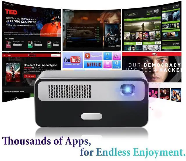 Alt view image 2 of 7 - Battery Powered Portable Smart Mini Projector, HD Image with WiFi Bluetooth, 300 ANSI Lumen, Pocket Video Beam, Auto Keystone Mechanical Focus, HiFi Stereo, Watching Anywhere