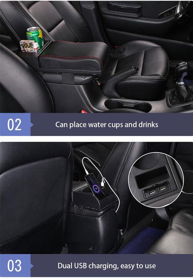Alt view image 4 of 5 - Furulu Universal Black Car Center Console Armrest Pad Cup Holder PU Leather USB Charger