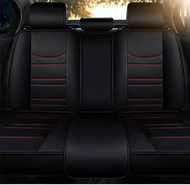 Alt view image 5 of 7 - Paiying Luxury Black PU Leather Car Seat Cover Pad Full Set Cushinon Red Line USA Ship