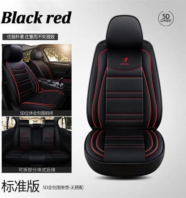 Alt view image 3 of 7 - Paiying Luxury Black PU Leather Car Seat Cover Pad Full Set Cushinon Red Line USA Ship