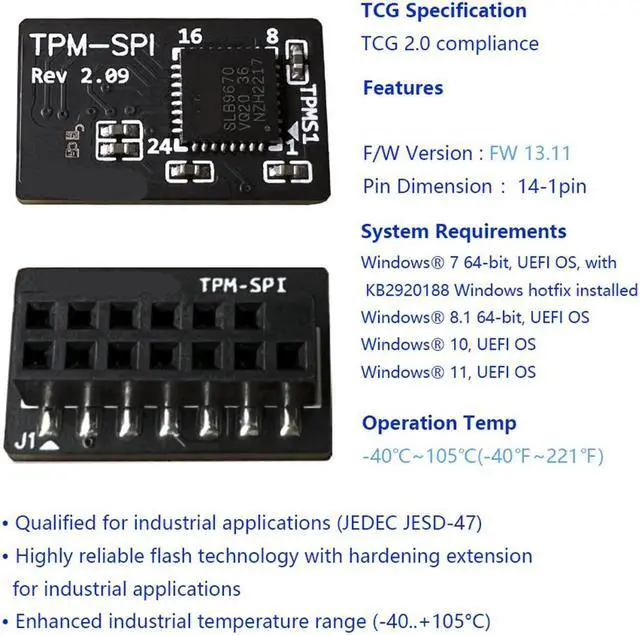 Alt view image 5 of 5 - Yingshan TPM-SPI 2.0 Module Security Module Board For ASROCK ASRock Pack SPI Motherboard 14-1 PIN