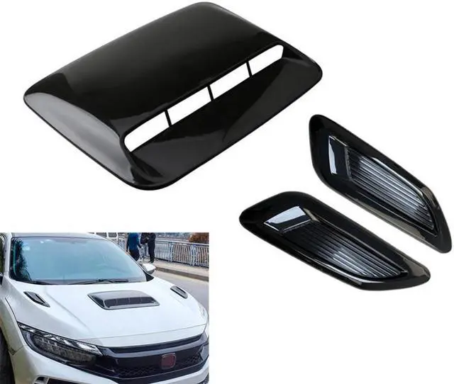 Alt view image 3 of 7 - Paiying 3x Gloss Black Car Hood Scoop Kit Air Flow Bonnet Cover Trim  +Adhesive