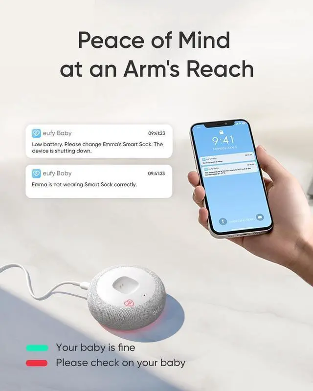 Alt view image 4 of 6 - eufy Baby Smart Sock S320 Baby Monitor with 2.4 GHz Wi-Fi, Track Sleep Patterns, Naps, Heart Rate, and Blood Oxygen Levels, Soft and Comfortable, for Babies 0-18 Months, No Monthly Fee (Renewed)