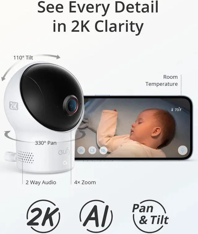 Alt view image 2 of 6 - eufy Baby Wi-Fi Baby Monitor 2K with Noise Detection, Night Vision, Room Temperature Detection, Camera, Easy Setup, User-Friendly App, Requires 2.4GHz Wi-Fi (Renewed)