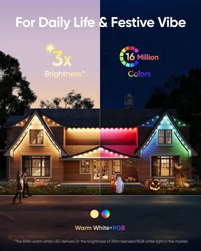 Alt view image 3 of 7 - eufy Permanent Outdoor Lights E120, 100ft with 60 Dual-LED RGB and Warm White Eave Lights, App Control, AI Light Design, Endless Themes for Halloween Décor, Christmas Lights, Links with Cameras