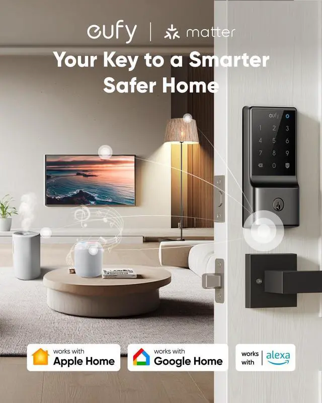 Alt view image 2 of 6 - eufy Smart Lock C34, Keyless Entry Door Lock with Apple Home Ecosystem, Built-in Wi-Fi Deadbolt for Front Door or Back, Supports Matter, Apple Home, Alexa, Google Home, SmartThings, Auto Lock