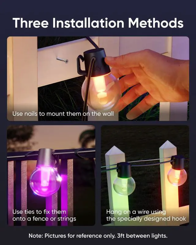 Alt view image 7 of 7 - eufy Outdoor String Lights E10, 96ft with 30 Smart RGBWW LED Bulbs, Endless AI Light Themes for Christmas Decorations, IP65 Waterproof for Patio, Fence, Balcony, Link with Cameras, Voice & App Control