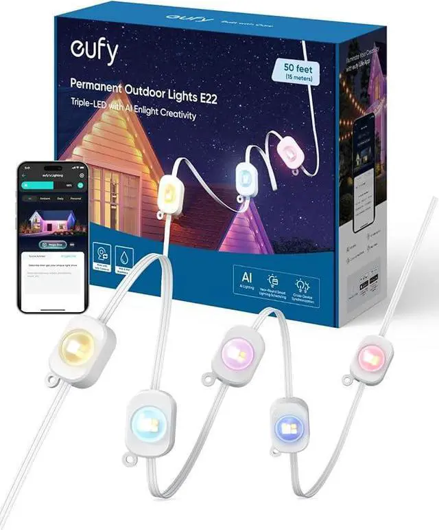 Main image of eufy Permanent Outdoor Lights E22, 50ft with 30 Triple-LED Lights, Smart RGBWW Christmas Lights, Daily and Holiday, IP67 Waterproof, AI Lighting Themes for Christmas Decorations, Links with Cameras