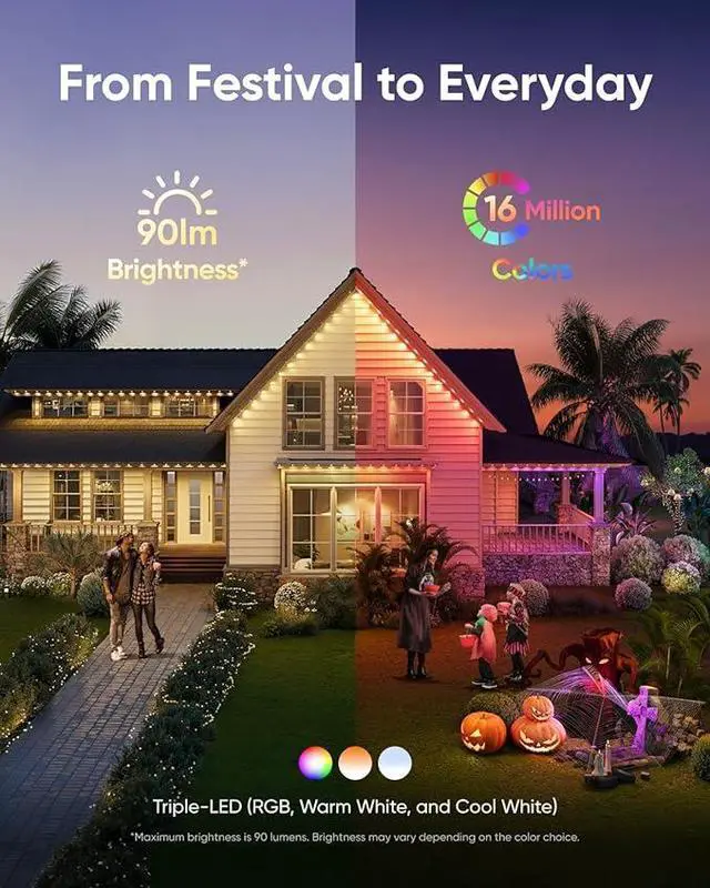 Alt view image 4 of 7 - eufy Permanent Outdoor Lights E22, 50ft with 30 Triple-LED Lights, Smart RGBWW Christmas Lights, Daily and Holiday, IP67 Waterproof, AI Lighting Themes for Christmas Decorations, Links with Cameras