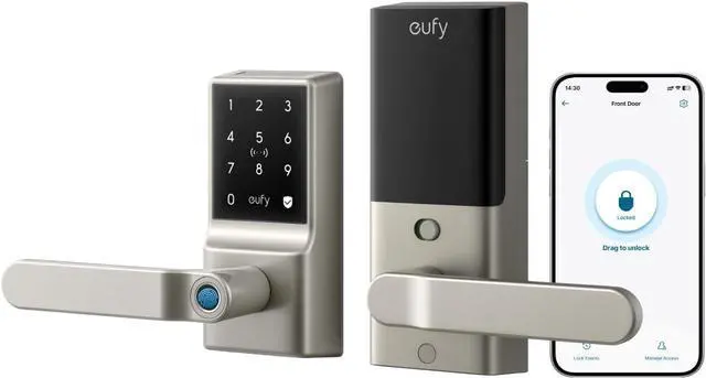 Main image of eufy Smart Lever Lock C33, Keyless Fingerprint Door Lock with Handle, Integrated Wi-Fi, Remote Control via App, Biometric Entry Knob, Auto-Locking, IP53 Waterproof, Nickel (2025 New Version)