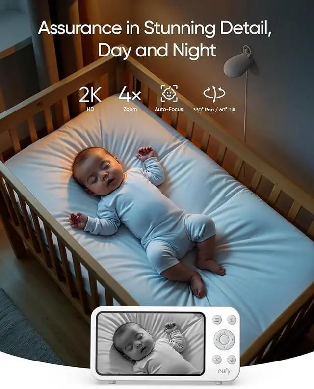 Alt view image 3 of 6 - eufy Security Baby Monitor E20 with 2K HD Camera, 5'' 720p Display, Hybrid Wi-Fi & No Wi-Fi Connection, Pan-Tilt, 4X Zoom, Portable Camera with Built-in Battery, 24/7 Recording in App, ANR