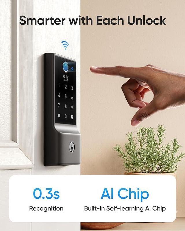 Alt view image 2 of 7 - eufy Security Smart Lock C220 with Door Lever, Fingerprint Keyless Entry Door Lock, Built-in Wi-Fi, App Remote Control, Front Door Deadbolt, 8 Months Battery, Reliable Power, IP53 Waterproof