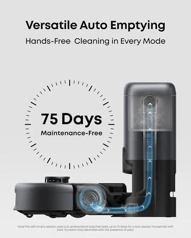 Alt view image 5 of 6 - eufy Robot Vacuum 3-in-1 E20,Versatile Self Emptying, Max 30,000 pa, Five-Stage Filtration System, Flash Charging, Precise Obstacle Avoidance,Pro-Detangle Comb, Perfect for Carpet, Crevices, Stairs