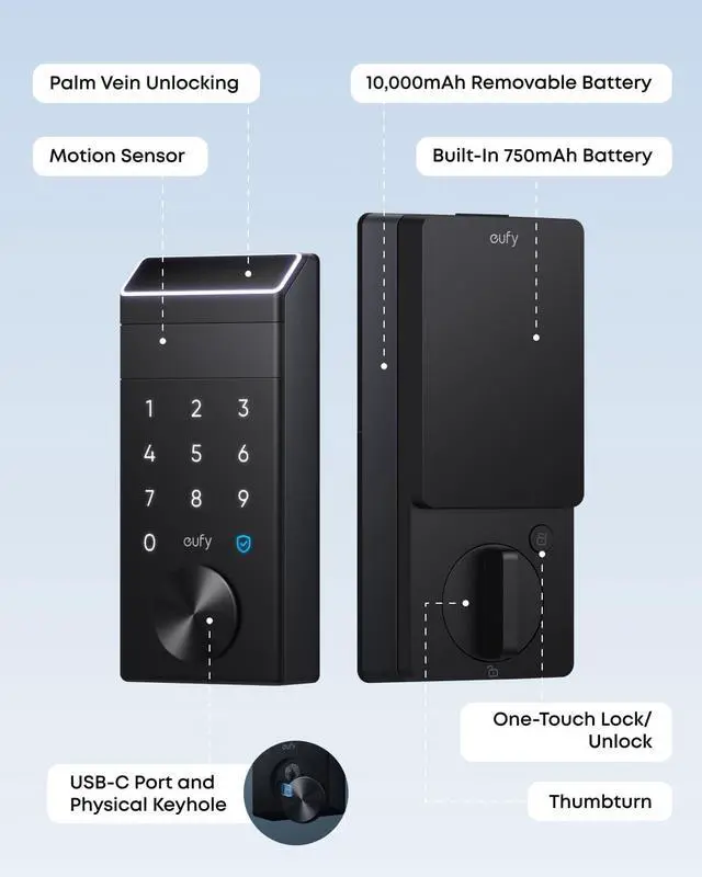 Alt view image 2 of 6 - eufy FamiLock E34 Smart Lock with Palm Vein Recognition - Keyless Entry Door Lock for Front Door, Wi-Fi Keypad Deadbolt, ANSI/BHMA Grade 1, Auto Lock, Voice Control, IP65 Waterproof, No Monthly Fee