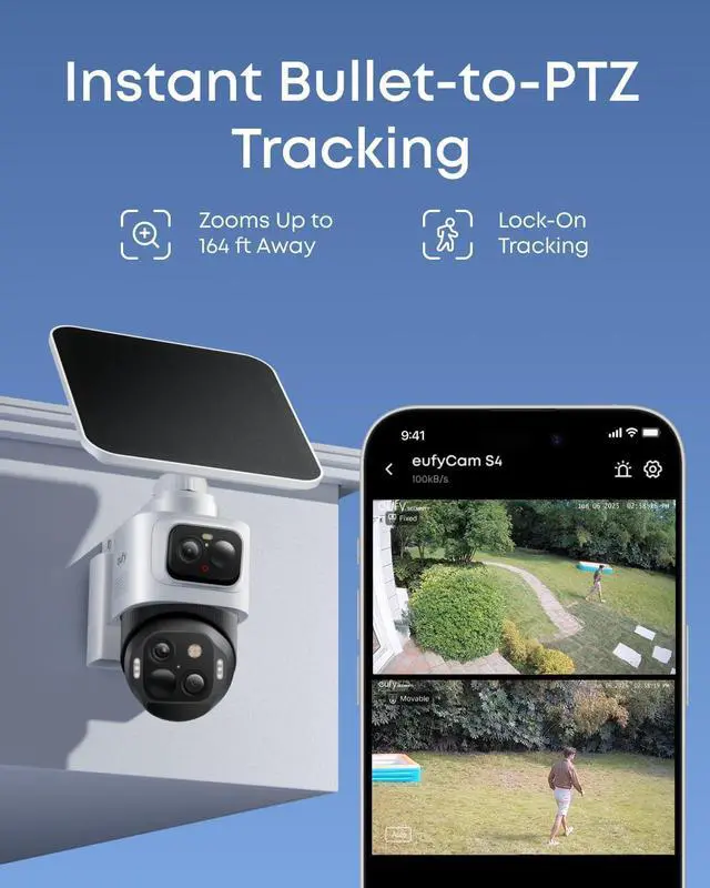 Alt view image 3 of 7 - eufy Security eufyCam S4 2-Cam Kit,4K Solar Camera Wireless Outdoor, Triple Lens Bullet-PTZ Cam, 360° View, Cross-Cam Track, AI Recognition, 8X Zoom, Color Night Vision, 0 Monthly Fee, Local Storage