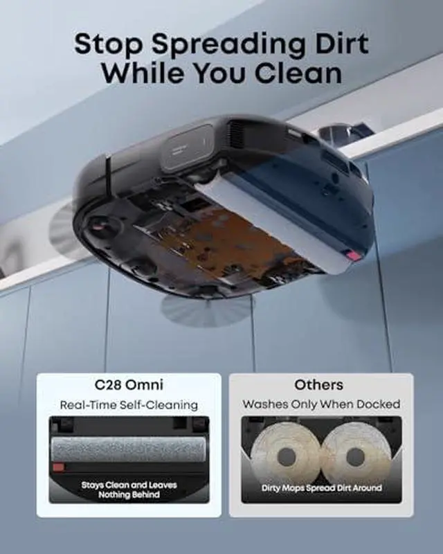 Alt view image 5 of 7 - eufy Robot Vacuum Omni C28 and Dust bags, 15,000 Pa Suction,HydroJet Self Clean Roller Mop,Zero-Tangle for Pet Hair, Auto Mop Washing&Drying, Self-Emptying&Refilling