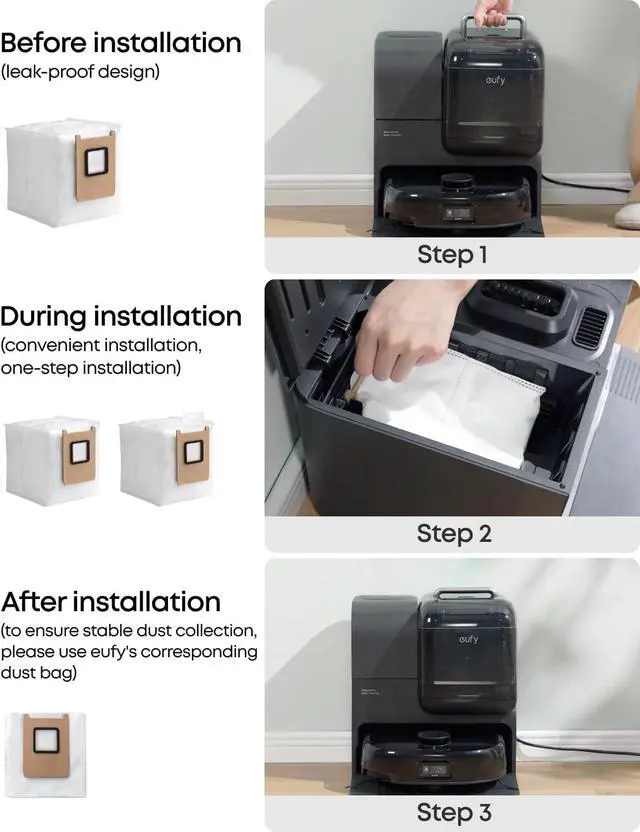 Alt view image 7 of 7 - eufy Robot Vacuum Omni C28 and Dust bags, 15,000 Pa Suction,HydroJet Self Clean Roller Mop,Zero-Tangle for Pet Hair, Auto Mop Washing&Drying, Self-Emptying&Refilling