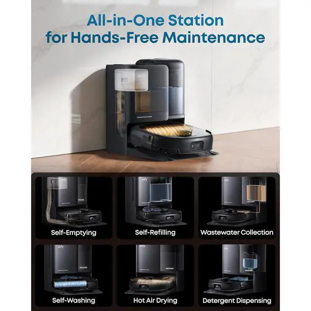 Alt view image 3 of 7 - Restored eufy E25 Robot Vacuum and Mop Combo, 20,000 Pa Suction, HydroJet Self-Clean Roller Mop, All-in-One Station, Extendable Side Brush, Zero-Tangle for Pet Hair, AI Obstacle Avoidance