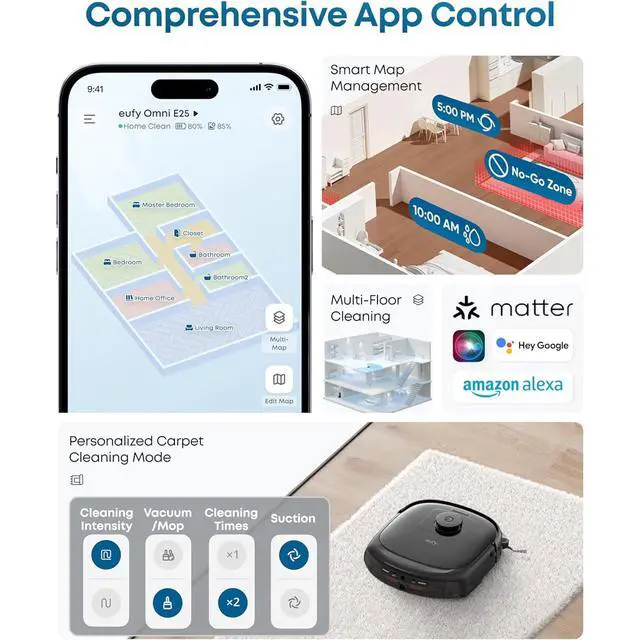 Alt view image 4 of 7 - Restored eufy E25 Robot Vacuum and Mop Combo, 20,000 Pa Suction, HydroJet Self-Clean Roller Mop, All-in-One Station, Extendable Side Brush, Zero-Tangle for Pet Hair, AI Obstacle Avoidance