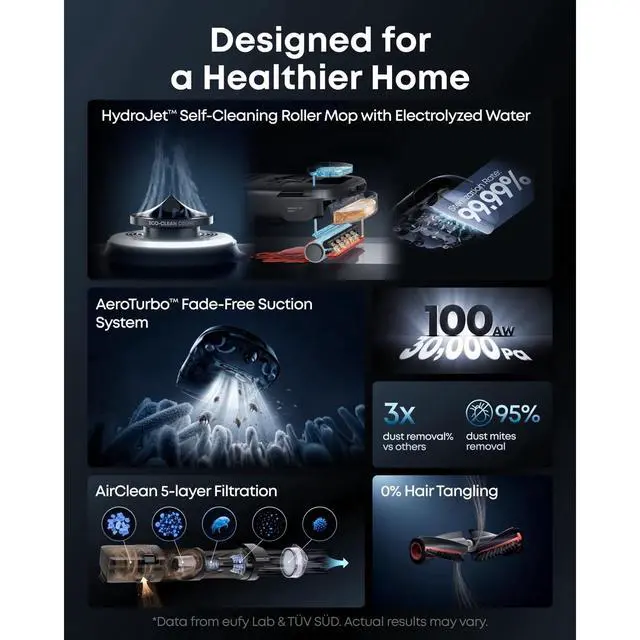Alt view image 5 of 7 - eufy Robot Vacuum Omni S2 + Auto Refill and Drainage System,99.99% Germ Removal, HydroJet 2.0 Always Self-Cleaning Roller Mop, 30,000 Pa Fade-Free Suction, 5-Layer Filtration