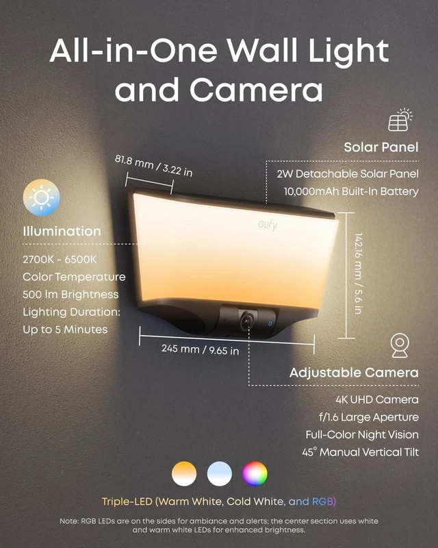Alt view image 2 of 7 - eufy Security Wall Light Cam S4, 4K Ultra HD, Solar Security Camera
Wireless Cam, USB-C Continuous Power, Wall Light, Motion Activated Light, AI Detection, IP65, No Monthly Fee, Built-in 32GB