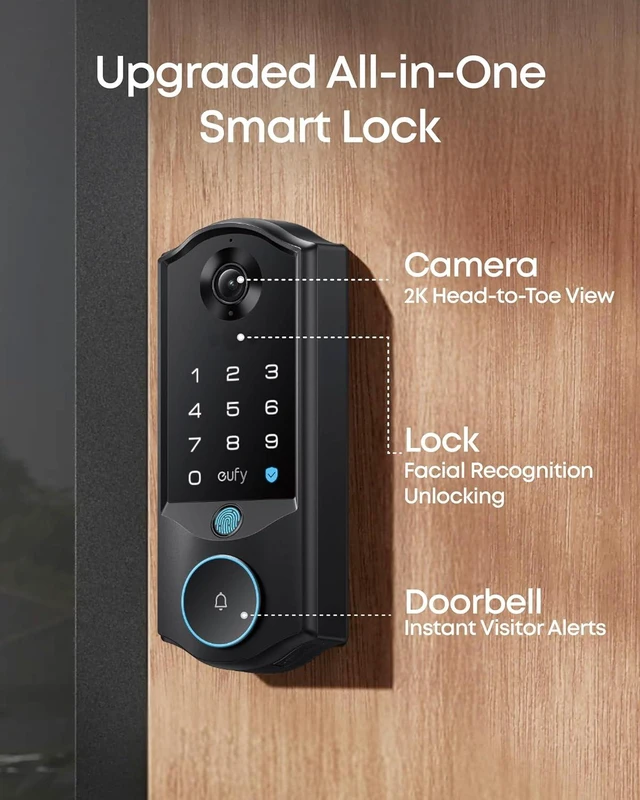 Alt view image 2 of 7 - eufy Security Smart Lock E40, Front Door Deadbolt with Facial Recognition
3-in-1 Smart Entry with Video Doorbell, 2K Camera, Face Unlocking Keyless Entry, 32GB Local Storage, Dual Power, Matter