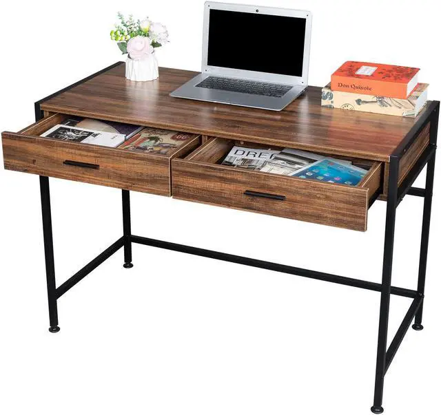 Alt view image 4 of 7 - TakeIt 41.9" Computer Desk Gaming Desks Study Table with 2 Drawers Retro Wood Table Top for Home Office Study Writing