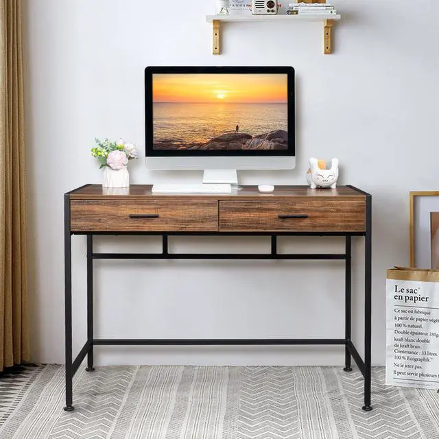 Alt view image 2 of 7 - TakeIt 41.9" Computer Desk Gaming Desks Study Table with 2 Drawers Retro Wood Table Top for Home Office Study Writing