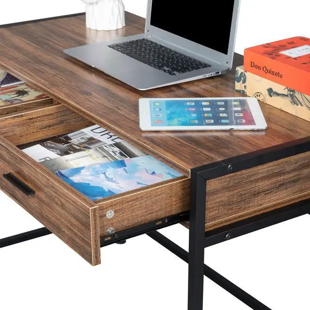 Alt view image 7 of 7 - TakeIt 41.9" Computer Desk Gaming Desks Study Table with 2 Drawers Retro Wood Table Top for Home Office Study Writing