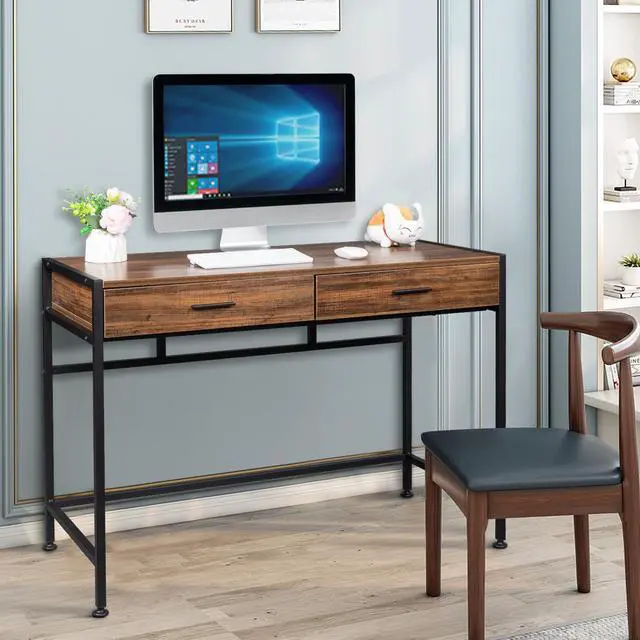 Alt view image 3 of 7 - TakeIt 41.9" Computer Desk Gaming Desks Study Table with 2 Drawers Retro Wood Table Top for Home Office Study Writing