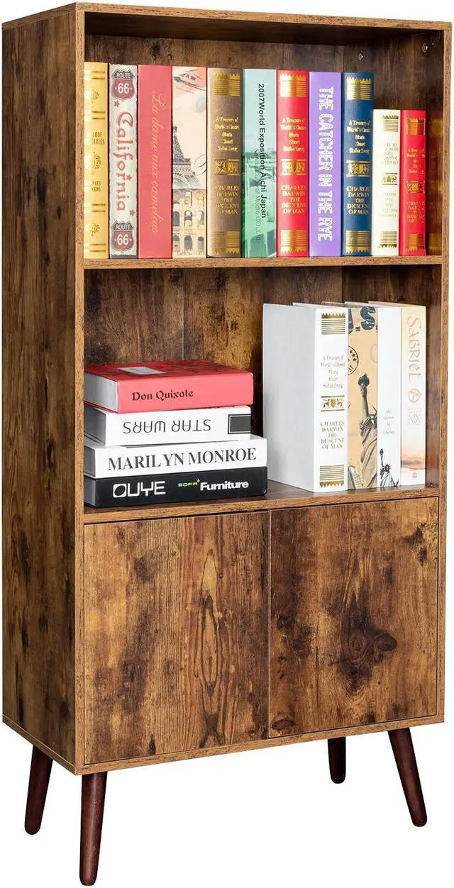 Alt view image 4 of 7 - TakeIt Bookcase, 2-Tier Vintage Bookshelf with Doors, Storage Cabinet for Books, Photos, Decorations, in Living Room, Office, Library
