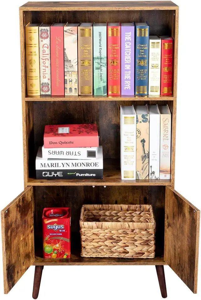 Alt view image 2 of 7 - TakeIt Bookcase, 2-Tier Vintage Bookshelf with Doors, Storage Cabinet for Books, Photos, Decorations, in Living Room, Office, Library