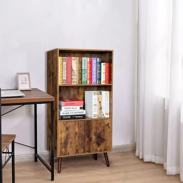 Alt view image 7 of 7 - TakeIt Bookcase, 2-Tier Vintage Bookshelf with Doors, Storage Cabinet for Books, Photos, Decorations, in Living Room, Office, Library