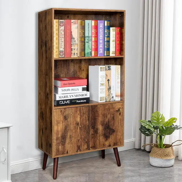 Alt view image 6 of 7 - TakeIt Bookcase, 2-Tier Vintage Bookshelf with Doors, Storage Cabinet for Books, Photos, Decorations, in Living Room, Office, Library