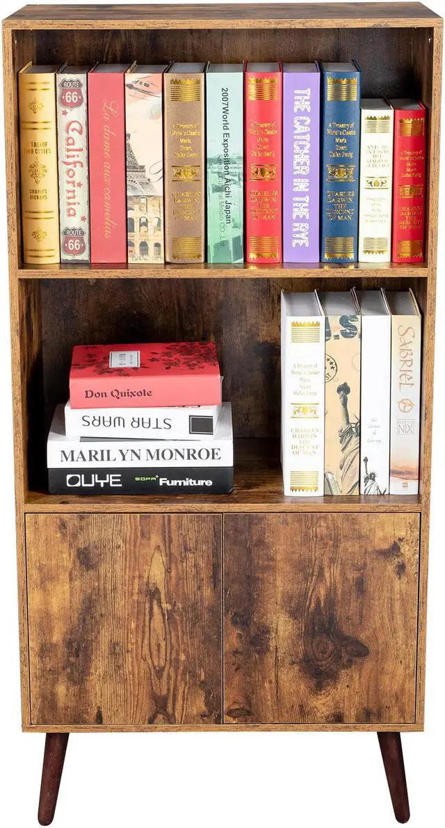Alt view image 3 of 7 - TakeIt Bookcase, 2-Tier Vintage Bookshelf with Doors, Storage Cabinet for Books, Photos, Decorations, in Living Room, Office, Library