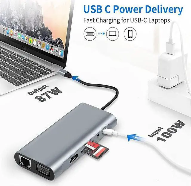 Alt view image 6 of 7 - TakeIt USB C Hub 11 in 1 Adapter Docking Station with 4K HDMI VGA USB3.0 USB2.0 100W PD Charger Audio 3.5mm SD TF Card Reader RJ45 for Type-C Laptop Phone