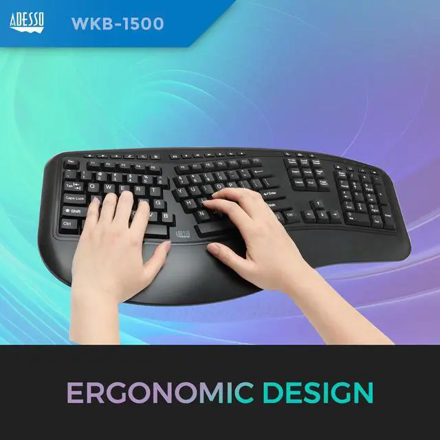 Alt view image 3 of 7 - Adesso Wireless Ergonomic Keyboard and Laser Mouse Combo  2.4GHz RF, Split Key Design, Hotkeys, Adjustable DPI, Advanced Laser Sensor, 30ft Range, Canadian Bilingual English/French (WKB-1500GB-FR)