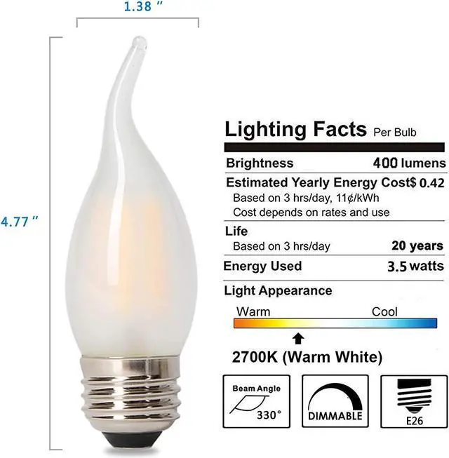 Alt view image 3 of 6 - LED 40 Watt Candelabra Bulbs Medium Base Frosted Bulbs, Dimmable Filament 40 Watt LED Bulbs (Uses only 3.5 watts), E26 Base, 2700K Warm Light Candle Bulbs, Pack of 6