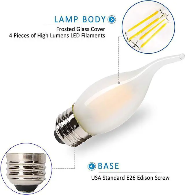 Alt view image 2 of 6 - LED 40 Watt Candelabra Bulbs Medium Base Frosted Bulbs, Dimmable Filament 40 Watt LED Bulbs (Uses only 3.5 watts), E26 Base, 2700K Warm Light Candle Bulbs, Pack of 6