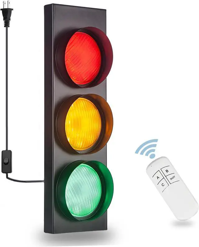 Main image of PANLAVIE Traffic Light Wall Lamp Remote Control Retro Kids Bedroom Stop Light, Plug in Industrial LED Wall Sconce, 18.5 Vintage Fun Signal Light for Home Office Bar Garage Car Room Decor Christmas