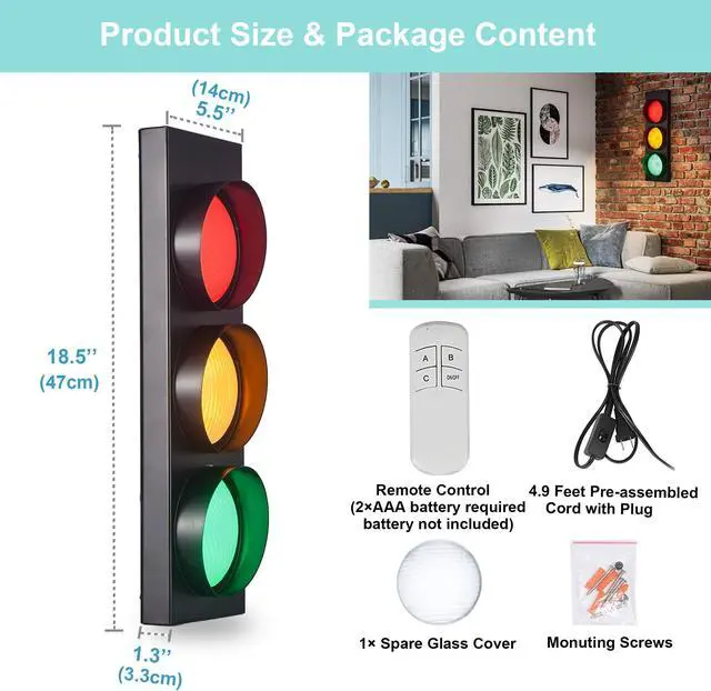 Alt view image 3 of 6 - PANLAVIE Traffic Light Wall Lamp Remote Control Retro Kids Bedroom Stop Light, Plug in Industrial LED Wall Sconce, 18.5 Vintage Fun Signal Light for Home Office Bar Garage Car Room Decor Christmas