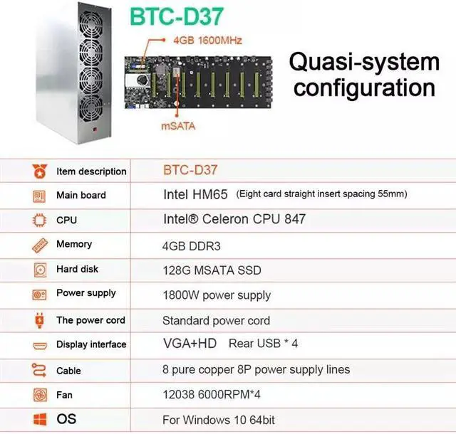 Main image of GPU Miner Mining rig Machine System for Mining ETH Ethereum,8 GPU Miner Including 55mm Slots Distance Motherboard, CPU, SSD, RAM,PSU, Case with 4 Cooling Fans(Without GPU)