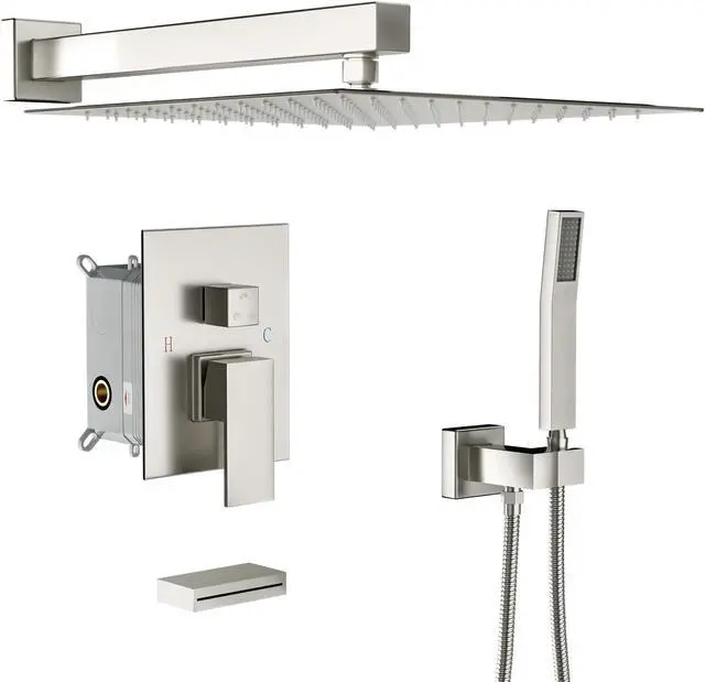 Main image of 3-Spray Shower System With Square Wall Mounted Adjustable Shower Head And Handheld Shower,  Brushed Nickel