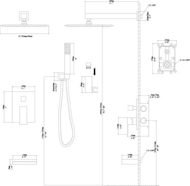 Alt view image 7 of 7 - 3-Spray Shower System With Square Wall Mounted Adjustable Shower Head And Handheld Shower,  Brushed Nickel