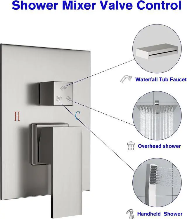 Alt view image 4 of 7 - 3-Spray Shower System With Square Wall Mounted Adjustable Shower Head And Handheld Shower,  Brushed Nickel