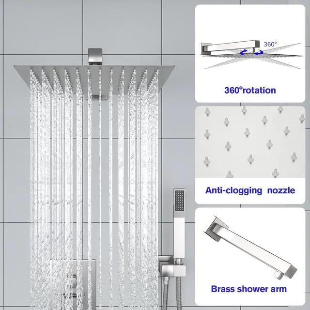 Alt view image 6 of 7 - 3-Spray Shower System With Square Wall Mounted Adjustable Shower Head And Handheld Shower,  Brushed Nickel
