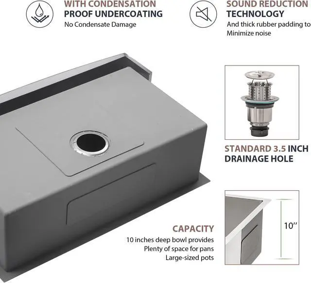 Alt view image 4 of 5 - 33"(L) x 20.75"(W) x 10"(H) 16 Guage SUS 304 Stainless Steel Kitchen Farmhouse Sink Undermount Single Bowl Apron Front Sink, Brushed Finish