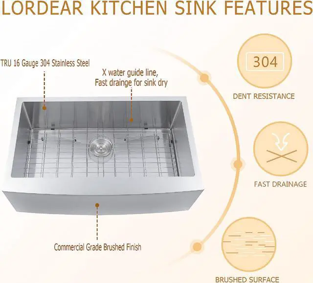 Alt view image 3 of 6 - 30"(L) x 21"(W) x 10"(H) Farmhouse Kitchen Sink  SUS 304 Stainless Steel Apron Front 16 Gauge Single Bowl Farm Sinks Undermount